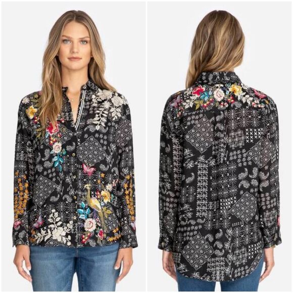 Johnny Was Senia Oversized Shirt size L large Embroidered top birds floral - Picture 3 of 13